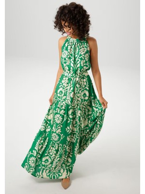 Kadın Büyük Beden Yeşil, Halter Yaka, Çiçek Desenli, Dokuma Viskon Uzun Elbise 65N38964