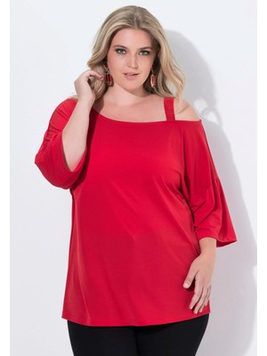 Kadın Büyük Beden Kırmızı, Tek Omuz Askılı, Jarse Kumaş Bluz 65N39040