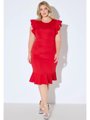 Kadın Büyük Beden Kırmızı, Scuba Kumaş, Volanlı Kısa Kollu Elbise 65N39047