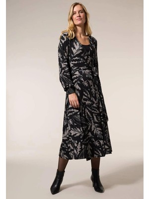 Kadın Büyük Beden Siyah, Yaprak Desenli, Açık Anvelop Elbise 65N39029
