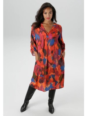 Kadın Büyük Beden Renkli, V Yaka , Kıvrılabilir Truvakuar Kol, Viskon Elbise 65N39034