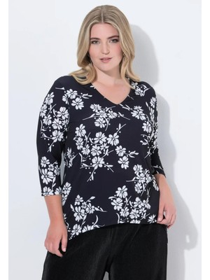 Kadın Büyük Beden Siyah, V Yaka, Truvakar Kol, Çiçek Desenli Bluz 65N39041