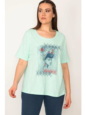 Kadın Mint Pamuklu Kumaş Ön Baskılı Kısa Kollu Bluz