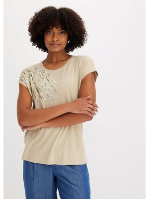 Kadın Büyük Beden Bej, Payet Işli, Bisiklet Yaka Viskon Bluz 65N38988