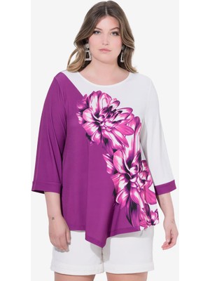 Kadın Büyük Beden Mor, Bisiklet Yaka, Asimetrik Kesim, Çiçek Desenli Bluz 65N38992