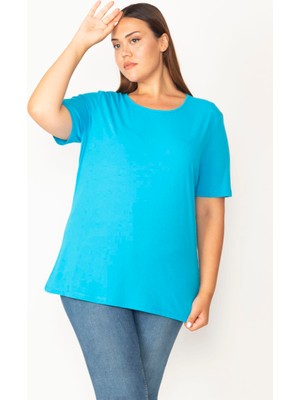 Kadın Büyük Beden Turkuaz, Pamuklu Kumaş, Bisiklet Yaka, Kısa Kol Bluz 65N39056