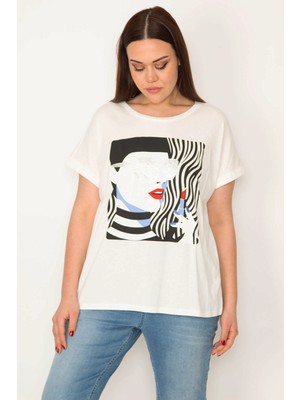 Kadın Beyaz Pamuklu Kumaş Sim ve Baskı Detaylı Bluz