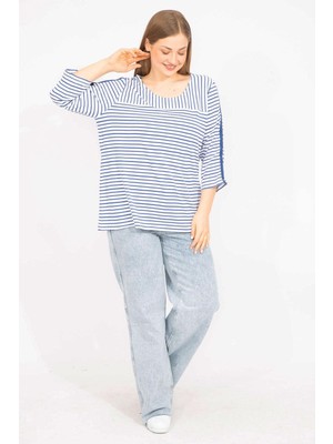 Kadın Saks Büyük Beden Pamuklu Kumaş Çizgi Kombinli Bluz 65N35572