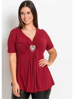 Kadın Büyük Beden Bordo, Ön Büzgü ve Broş Detaylı, V Yaka, Kısa Kollu Bluz 65N38997