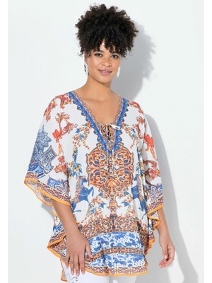 Kadın Büyük Beden Renkli, Düşük Kol, Ön Bağcık Detaylı Desenli Bluz 65N39042