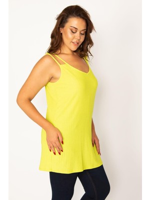 Kadın Büyük Beden Yeşil, Askı Detaylı Kendinden Çizgili Bluz 65N39063