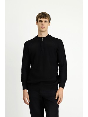 Yarım Balıkçı Yaka Regular Fit Fermuarlı Desenli Pamuklu Triko Kazak