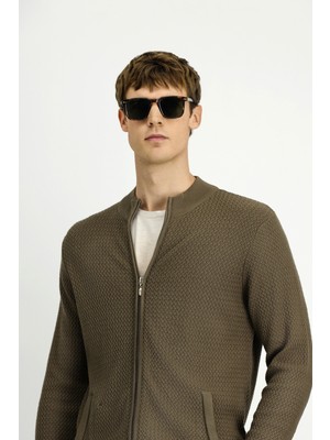 Kiğılı Slim Fit Dar Kesim Desenli Fermuarlı Pamuklu Triko Hırka Orta Kahve Boğazlı Yaka Erkek