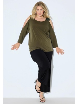Kadın Büyük Beden Haki, Omuz Açık, Pul ve Boncuk Işli Jarse Bluz 65N38966