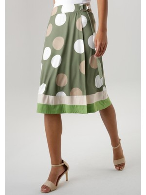 Kadın Büyük Beden Yeşil, Puantiye Desenli, Bel Lastikli ve Toka Detaylı Midi Etek 65N39033