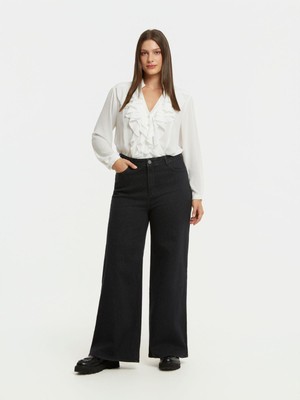 Kadın Büyük Beden Siyah, Yüksek Bel, Geniş Paça Likralı Kot Pantolon 65N39023