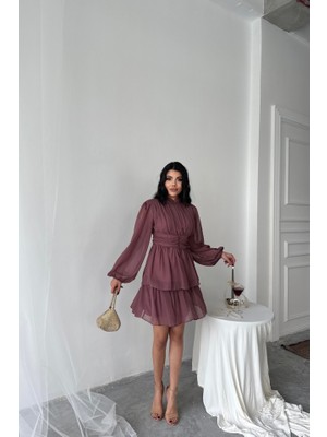 Soonaksesuar Şifon Katlı Uzun Kol Elbise - Pudra