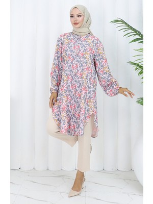 Büyük Beden Çiçek Desenli Tunik 3024-01 Gri