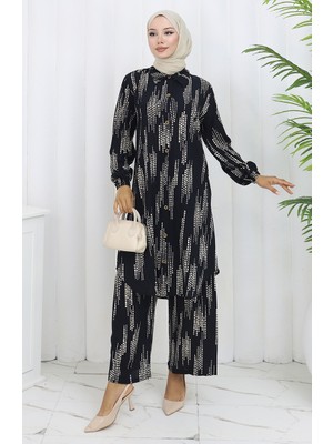Viskon Kumaş Tunik Pantolon Ikili Takım 0132-03 Siyah