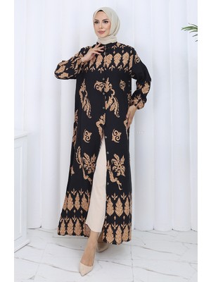 Desenli Düğmeli Elbise 2125-01 Siyah Bej