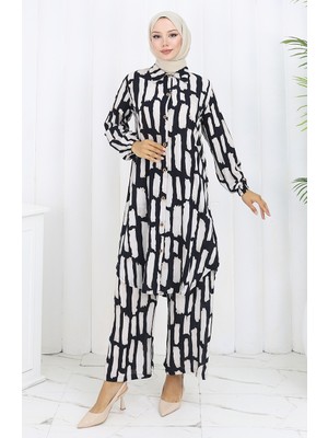 Sefa Merve Viskon Kumaş Tunik Pantolon Ikili Takım 0131-01 Siyah Beyaz