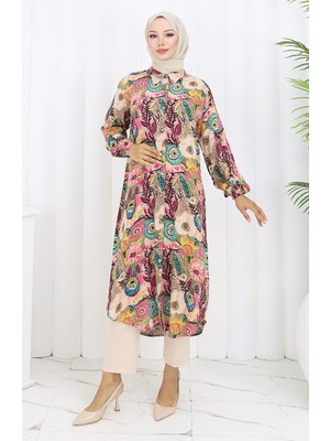 Kolu Lastikli Düğmeli Tunik 0134-04 Turkuaz Bej