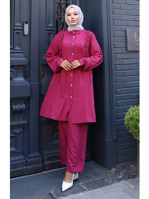 Sefa Merve Önü Fırfırlı Tunik Pntolon Ikili Takım 2128-03 Fuşya