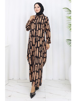 Viskon Kumaş Tunik Pantolon Ikili Takım 0131-03 Sütlü Kahve Siyah