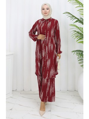 Sefa Merve Viskon Kumaş Tunik Pantolon Ikili Takım 0132-04 Bordo