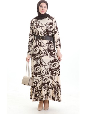 Sefa Merve Desenli Viskon Elbise 86020-02 Bej Kahverengi