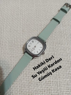 Marka Model Kare-Oval Gümüş Kasa Retro Still - Su Yeşili (Hakiki Deri) Kordon Kadın Kol Saati  0054