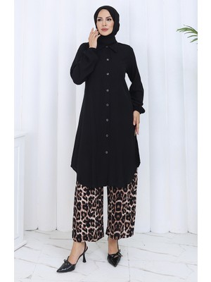 Düğmeli Tunik Pantolon Ikili Takım 0125-01 Siyah
