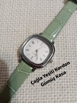 Marka Model Kare-Oval Gümüş Kasa Retro Still - Çağla Yeşili Kordon Kadın Kol Saati  0054