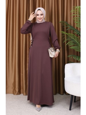 Büzgülü Elbise 5110-05 Kahverengi Uzun Kol Kloş Kalıp Düz Desenli Kadınlar İçin Şık Tasarım