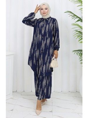 Viskon Kumaş Tunik Pantolon Ikili Takım 0132-02 Lacivert