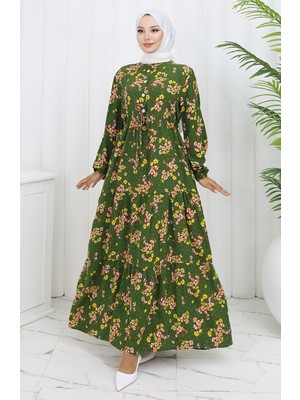 Viskon Kumaş Beli Bağcıklı Elbise 2132-01 Haki