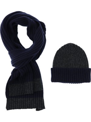 Kiğılı Koyu Lacivert Yünlü Desenli Atkı & Bere Takımı Erkek Standart Beden Kış Sezonu