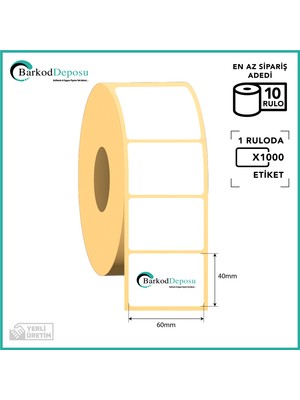 60X40 Termal Barkod Etiketi – 1000 Sarım – 10 Rulo (Toplam 10.000 Adet) – Barkod Yazıcı Uyumlu