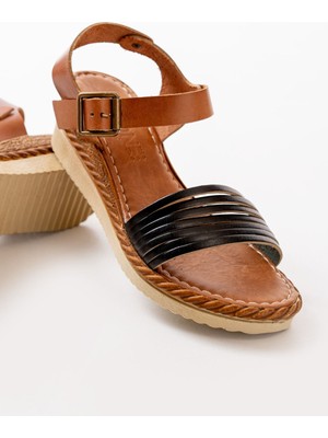 Bayan Sandalet 731-07 Siyah Ortopedik Hakiki Deri Dolgu Kadın Sandalet