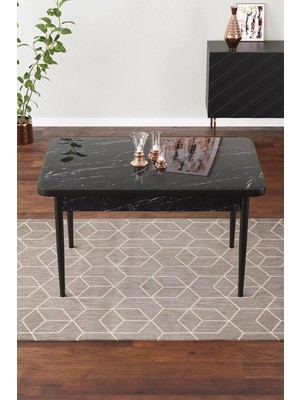 Vera 70X110 Mdf Siyah Mermer Desen Metal Ayaklı Sabit Üst Kalite Mutfak Masası, Yemek Masası, Salon Masası