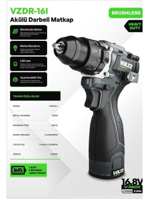 Voltz VZDR-16I Akülü Darbeli Maktap - 50NM - Kömürsüz - Ağır Hizmet - 10 mm Metal Mandren - LED Işık - Aya