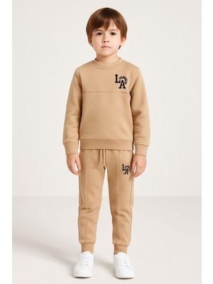 Baskılı  Nakışlı Vizon Renk Erkek Çocuk Eşofman Takımı