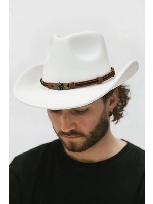Erkek Deri Detaylı Beyaz Nubuk Kovboy Şapkası