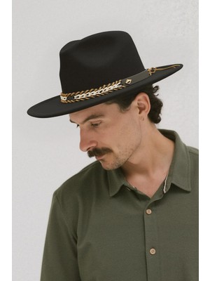 Erkek Etnik Deri Şeritli Fedora Şapka - Siyah