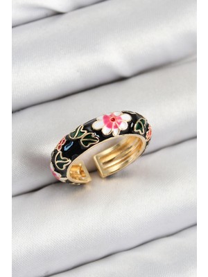 Pirinç Siyah Mineli Çiçek Motifli Gold Renk Ayarlanabilir Kadın Yüzük