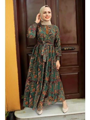 Neva Style Neva Style - Desenli Yeşil Tesettür Elbise 76440Y