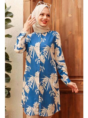 Neva Style Desenli İndigo Mavisi Tesettür Viskon Tunik 11552IM