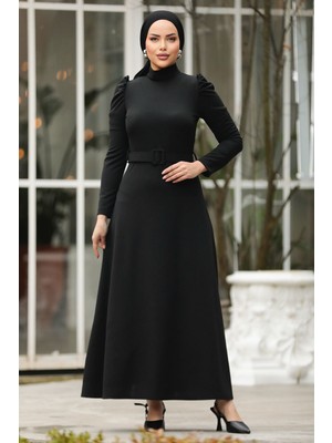 Neva Style Kemerli Siyah Tesettür Elbise 554S