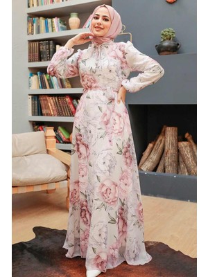 Neva Style Çiçek Desenli Ekru Tesettür Elbise 279018E