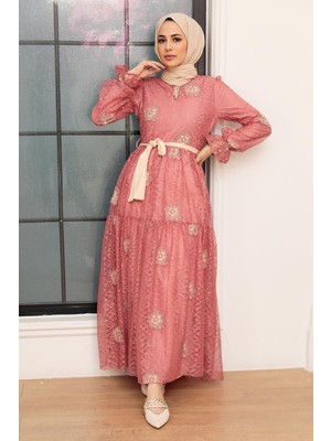 Neva Style Çiçek Desenli Koyu Somon Tesettür Elbise 1216KSMN